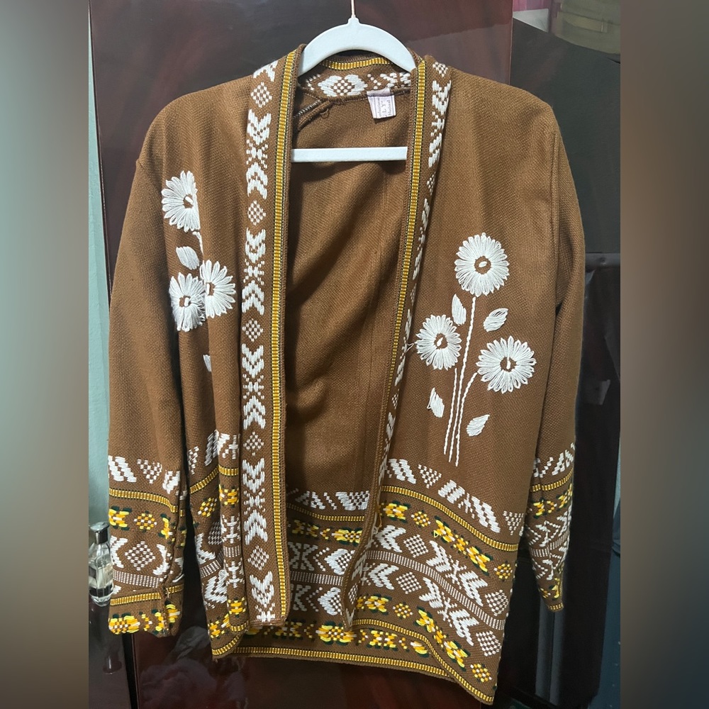 COPY - tan brown cardigan flower floral grandma sweater